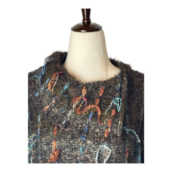 Chico's Sweater Women Large Brown‎ Ribbon Chunky Knit Cowl Neck Fuzzy Cozy - Picture 5 of 8